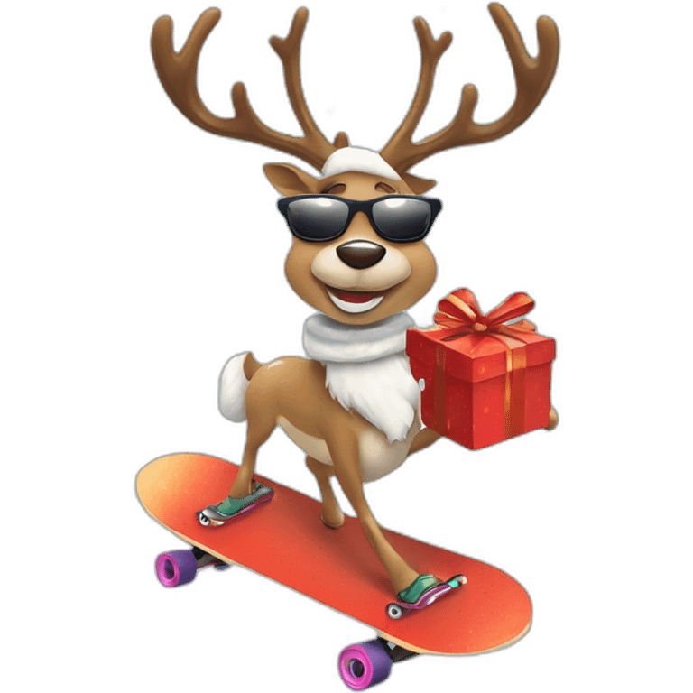 Stylish Reindeer wearing sunglasses delivering Christmas gift on skateboard, snowy background emoji