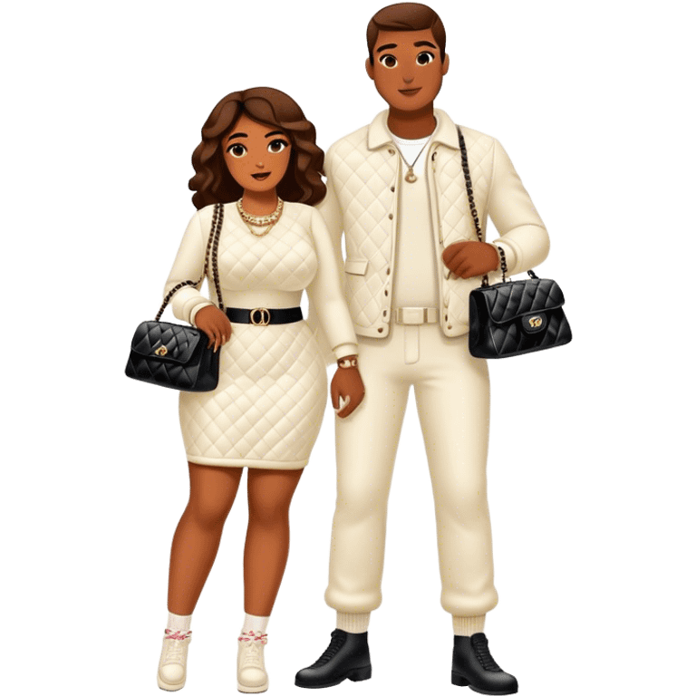 Man living his dream. He’s boo’d up with a pretty Brownskin big booty woman wearing a Chanel outfit with her holding a Chanel bag. The man has on an Off-White outfit down to the shoes and socks emoji