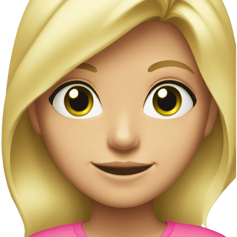 Blonde girl with green eyes wearing a pink shirt and smiling emoji