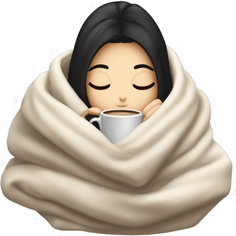 white girl with black hair inside a blanket sipping coffee eyes closed emoji