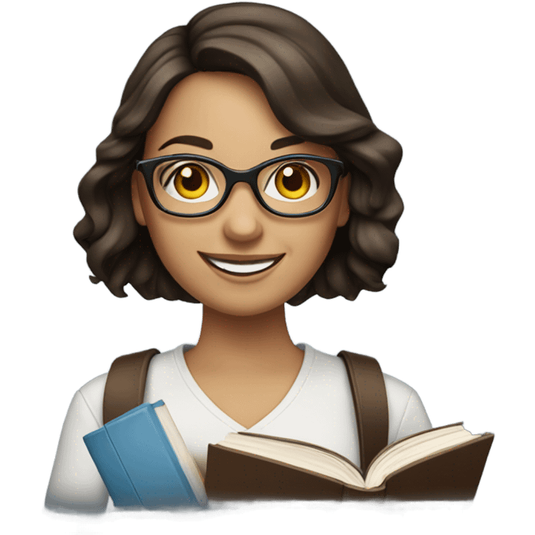 smiling brunette woman with blue eyes and glasses holding books emoji