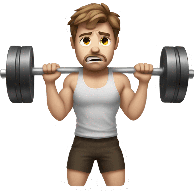 Sad White Man with brown hair lifting weights while crying emoji