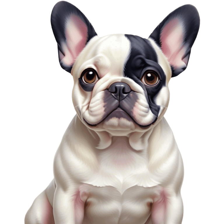 Cinematic Noble Pied French Bulldog Portrait Emoji, Radiating regal yet playful charm, with a distinctive pied fur of contrasting hues and a sculpted, expressive face featuring gentle, wise eyes and a confident stance, simplified yet artistically detailed, glowing with a soft, sophisticated radiance, high shine, exuding intelligent nobility and refined flair, soft glowing outline, capturing the essence of a noble Pied French Bulldog that embodies both strength and grace! emoji