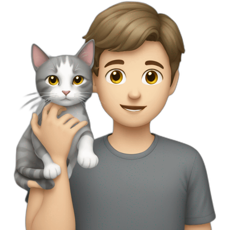 White brunette boy petting grey cat emoji