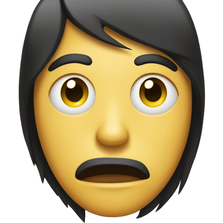 A round yellow emoji with an oversized eye on the left and a straight, black hairstyle partially covering the forehead. The mouth is a neutral line, conveying a sense of indifference or surprise. emoji