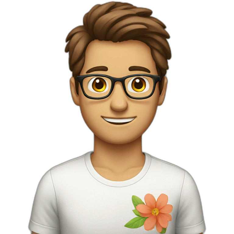 brown hair up guy wearing glasses and t-shirt with flower print emoji