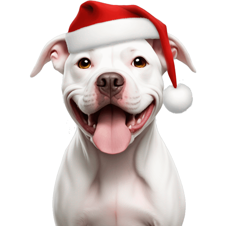 White pitbull dog wearing a Santa hat emoji