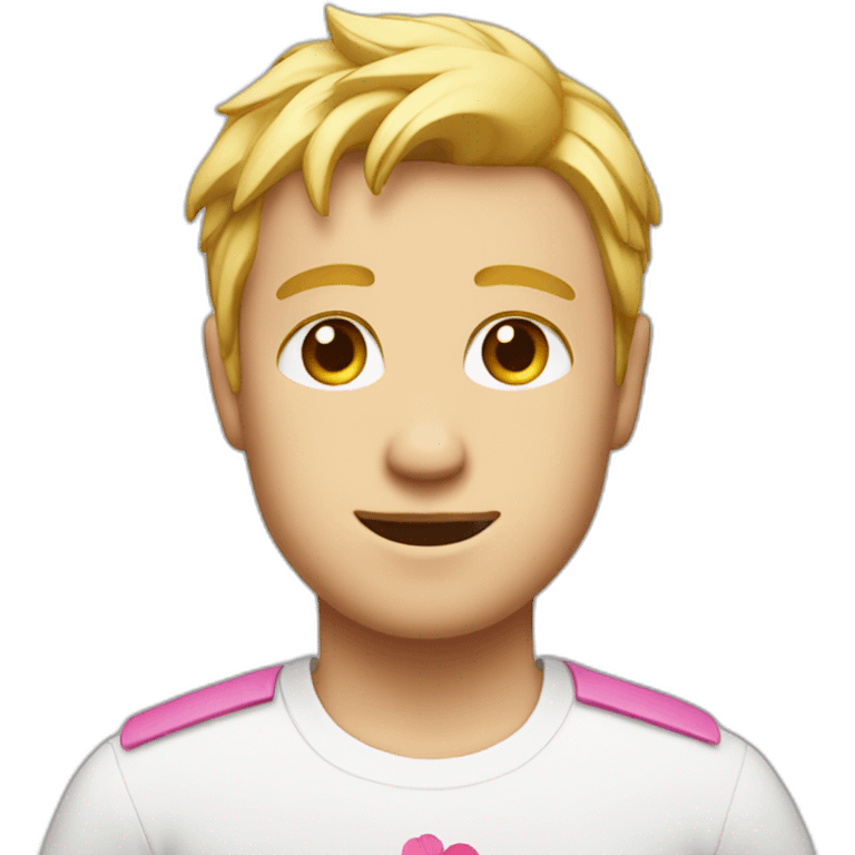 blond man with a pink flower on his head in a white shirt emoji