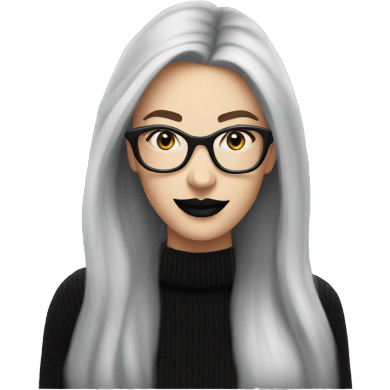 Attractive Caucasian woman with long grey wearing wire frame glasses and black lipstick; black sweater  emoji