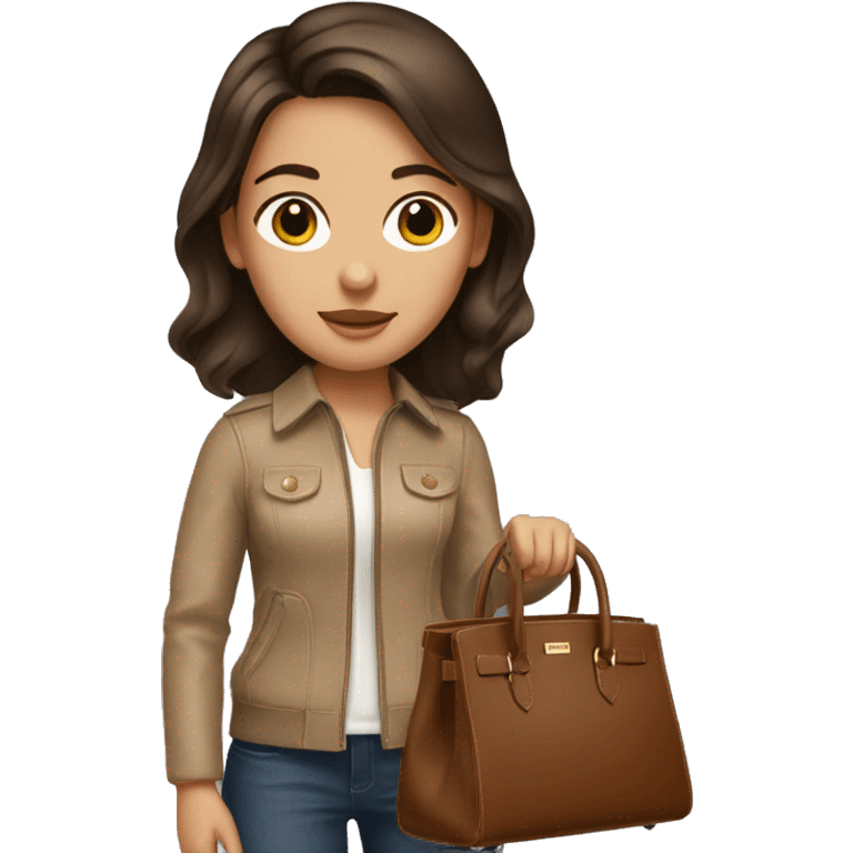 A brunette girl has a brown birkin bag  emoji