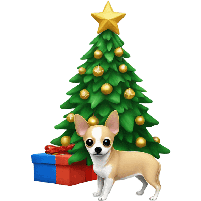 Christmas tree with a Chihuahua sitting next to it ￼ emoji