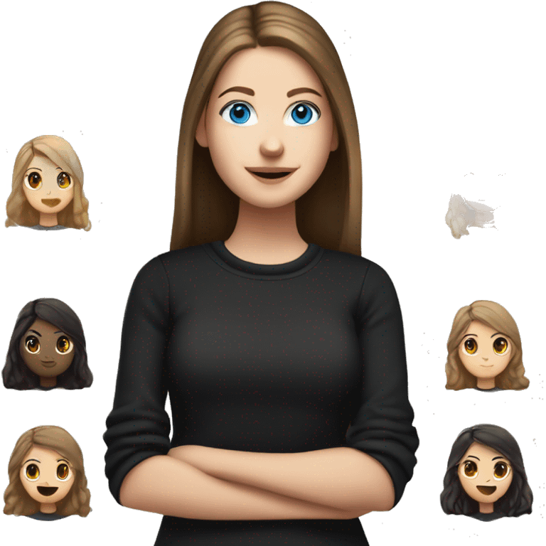 caucasian white girl student, holding laptop, blue eyes, dark brown hair ponytail wearing a thick black sweater emoji