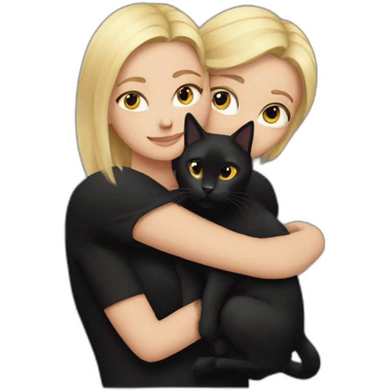 blond woman wearing black hugs black cat emoji