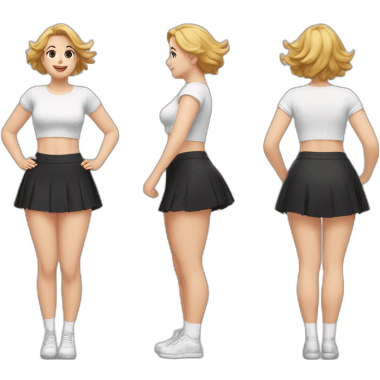 full-body-caucasian-curvy-beauty-jumping-short-black-skirt-back-and-front-views-strong-wind-white-knickers-long-white-socks emoji