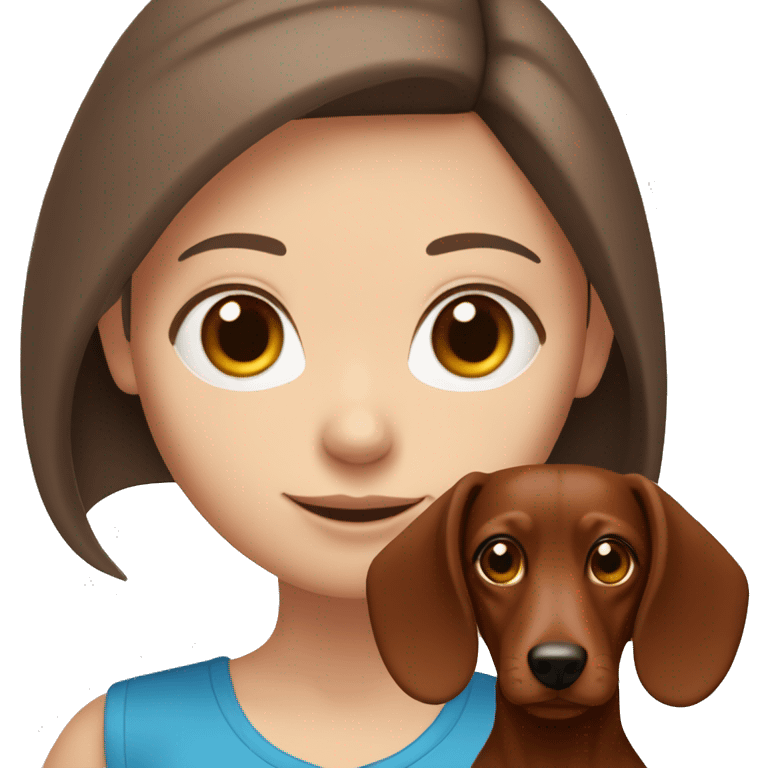 White girl with straight brown hair and blue eyes holding a red dachshund  emoji