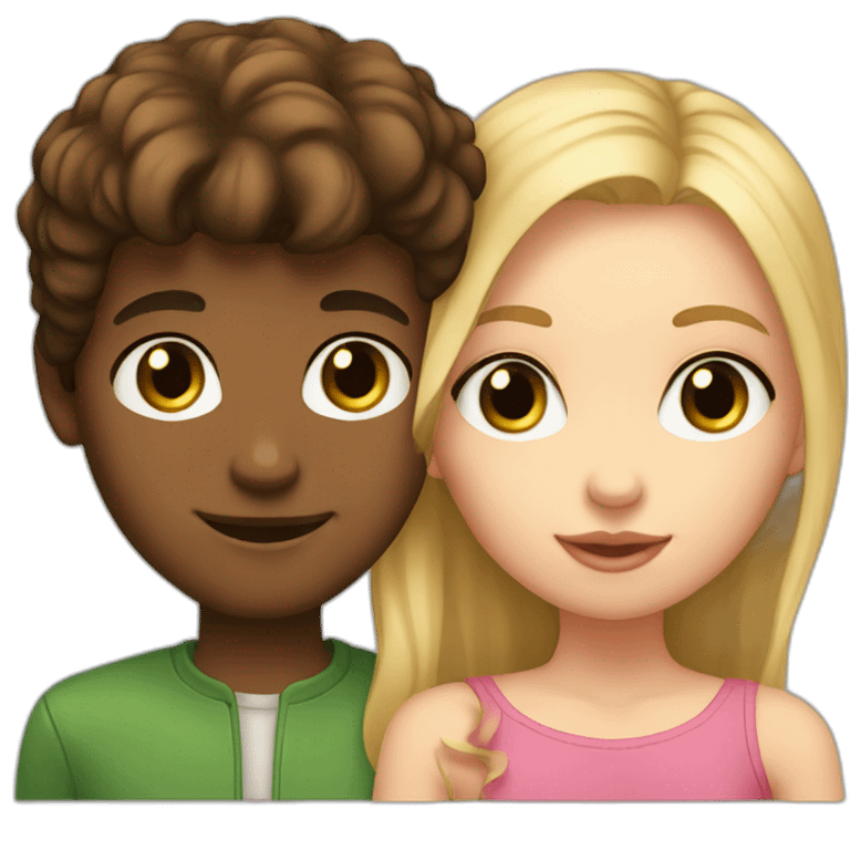 Girl with brown eyes and brown hair kisses boy with blonde hair and green eyes who looks like a model emoji