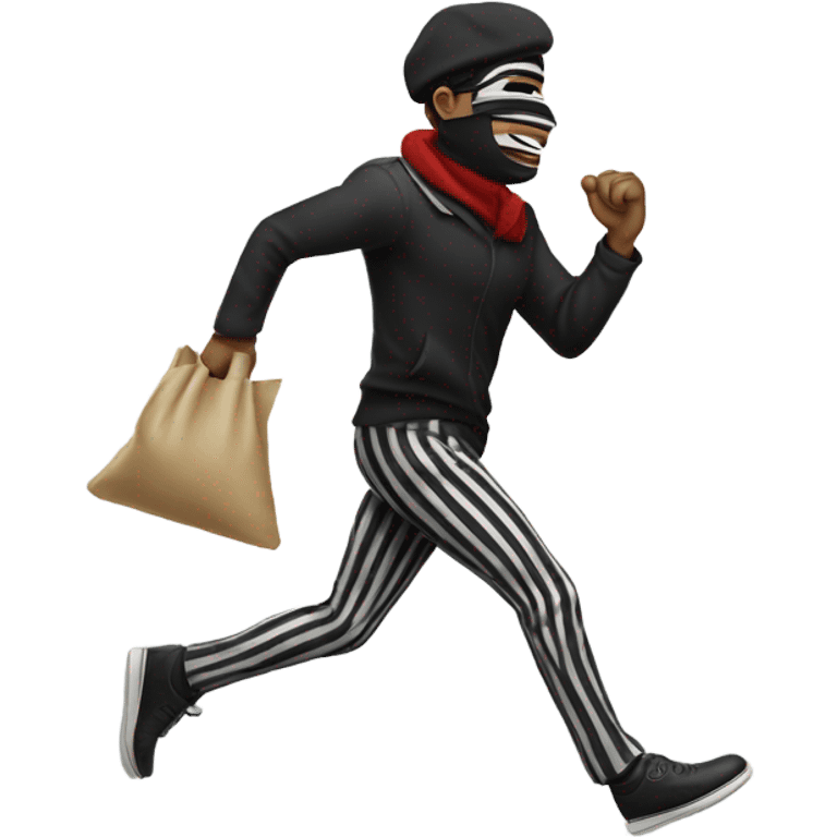 a crook with a black eye mask and striped clothing, side profile as he’s running with a bag of money over his shoulder emoji