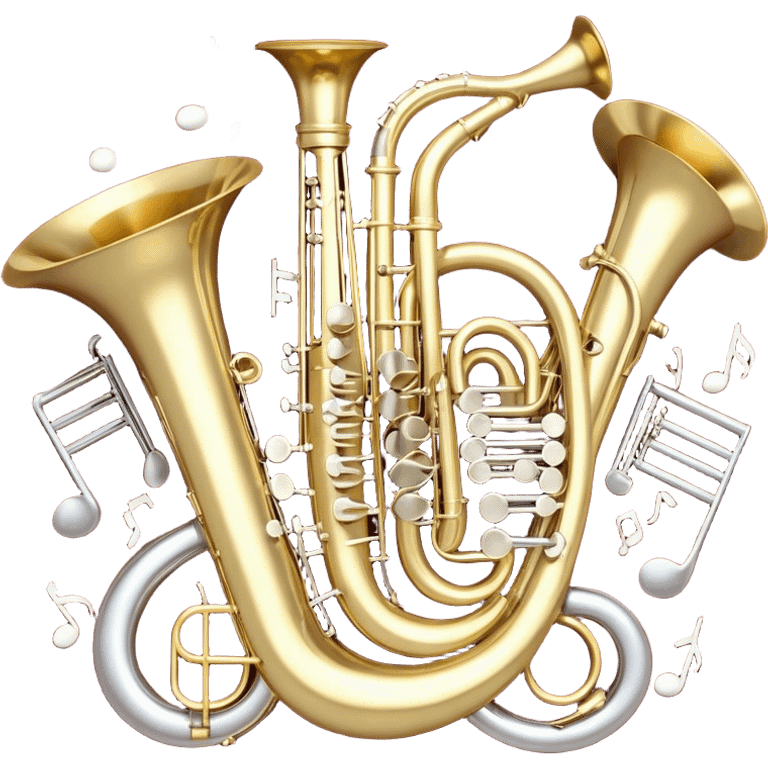 Create a festive and elegant emoji collage featuring a bouquet or fan of bells of wind instrument  (trumpets, saxophones, trombones, tubes, etc.) arranged in a radiant, symmetrical pattern. The instruments should have polished, golden and silver finishes, with their large, shiny bells forming a beautiful, fan-like display. Include a flowing ribbon of musical notes swirling through the center, conveying movement and melody. The background should feature a deep red velvet texture, adding a touch of luxury and sophistication. The overall composition should be balanced, with an elegant and regal feel, with a transparent background to keep focus on the instruments and musical elements. emoji