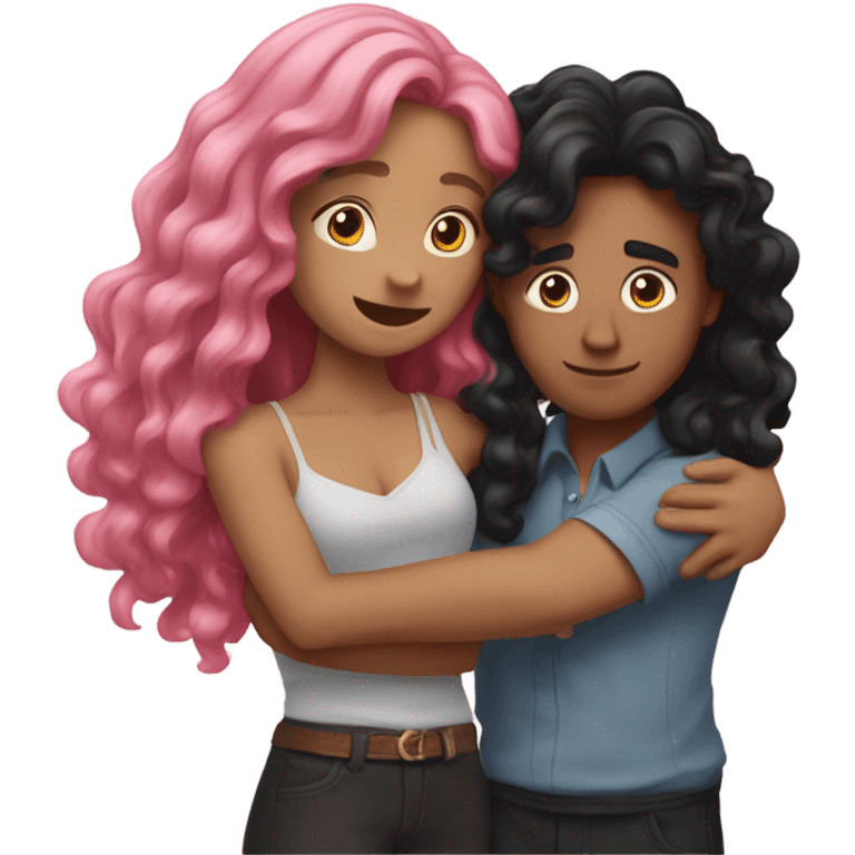 make a guy and a girl, they are hugging, the girl has pink long wavy hair. The guy has black hair and light skin. They are facing each other emoji