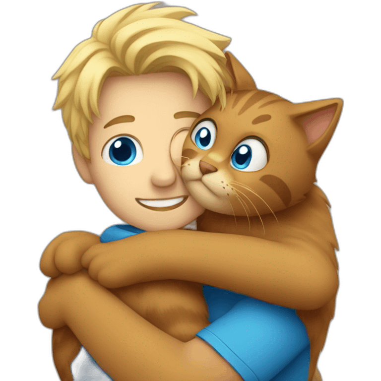 Blond Guy with blue eyes hugging big brown furry cat emoji