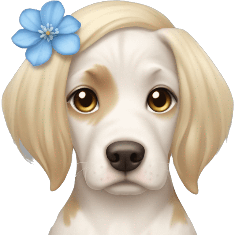 pale skin girl with blue eyes with long blonde hair that has a flower in her hair  holding a English pointer mixed with a lab dog the dog also has a flower in its hair emoji