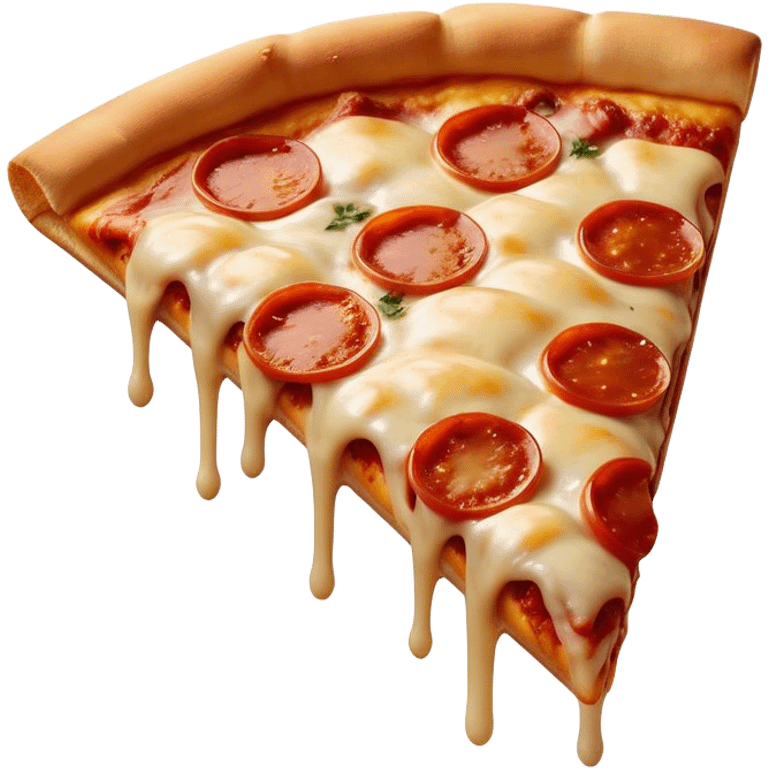 Cinematic cheesy pizza slice, gooey melted cheese stretching as a bite is taken, crispy golden crust, rich tomato sauce, vibrant toppings, warm glowing background, inviting and delicious. emoji