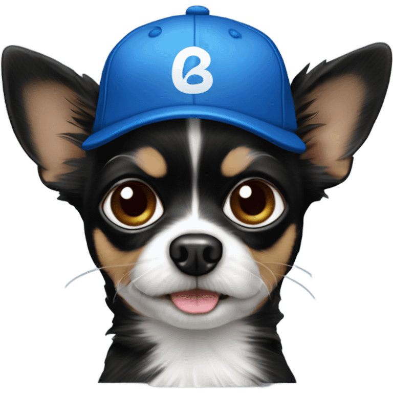 Old man with blue eyes goatee beard ball cap holds cute black long fur Chihuahua emoji