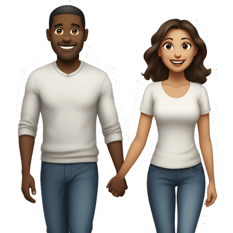 A black man  with medium short hair and a Latina woman with  long brown hair holding hands and walking side by side, smiling and enjoying their time together emoji