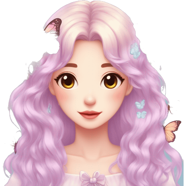 gorgeous anime pastel lady with butterflies and beautiful hair fairycore cottagecore emoji