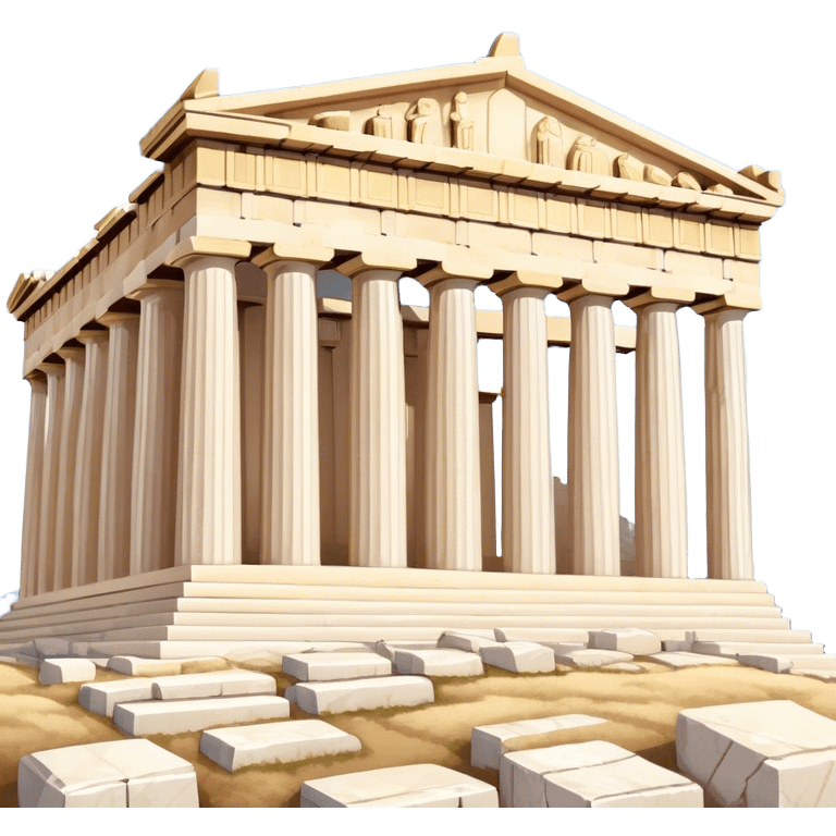 Cinematic Realistic Acropolis Landmark Emoji, showing the Parthenon standing proudly atop the Acropolis hill, with its marble columns glowing under the warm Athenian sunlight against a blue sky. emoji