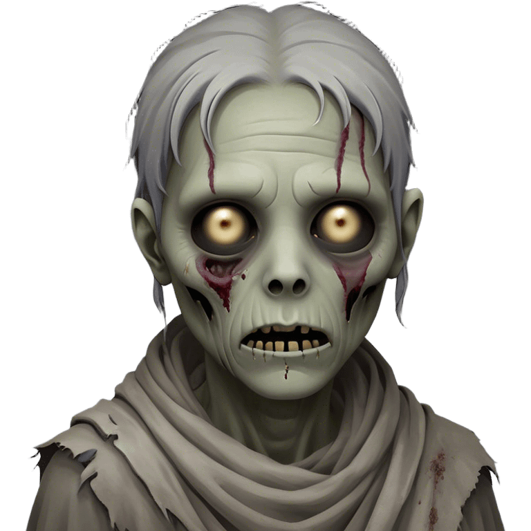 Cinematic Noble Zombie Portrait Emoji, Surprisingly dignified and somber, with a decaying yet strangely regal visage in ashen grays and muted tones, draped in tattered attire hinting at a lost grandeur, simplified yet meticulously detailed, glowing with a soft, eerie radiance and a gentle outline that evokes the tragic nobility of the undead! emoji