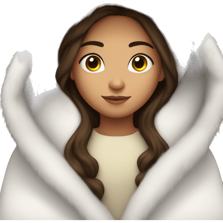 white brunett teen cuddled up in a fluffy white blanket emoji