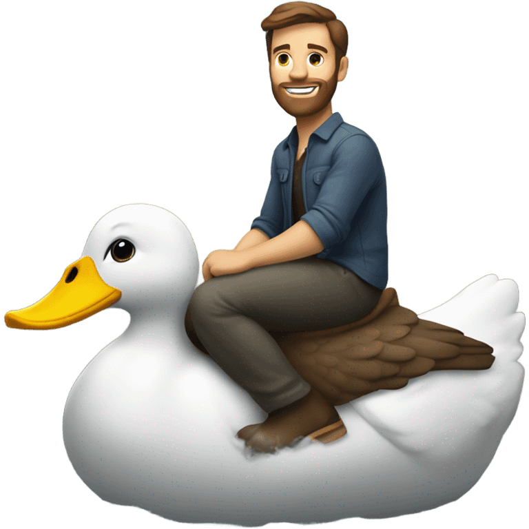 Confident White Man with dark brown hair and a short beard riding on the back of a giant duck emoji