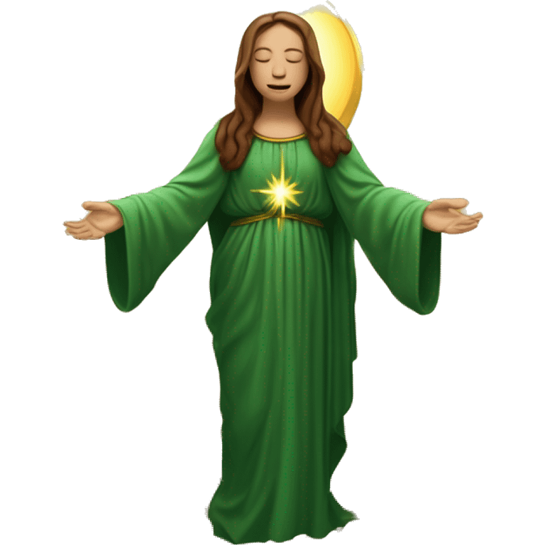 Virgin Mary: kind face looking down at the left, long brown hair, Wearing an emerald green  robe with gold stars and a burgundy red dress,  Hands in prayer or blessing. Halo around her head. standing in front of a big sun. colorful roses on the sides  emoji