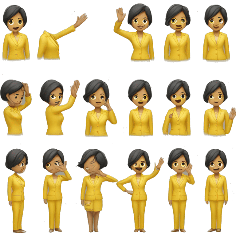 Short haired Indonesian woman wearing yellow suit and having her left hand do salute emoji