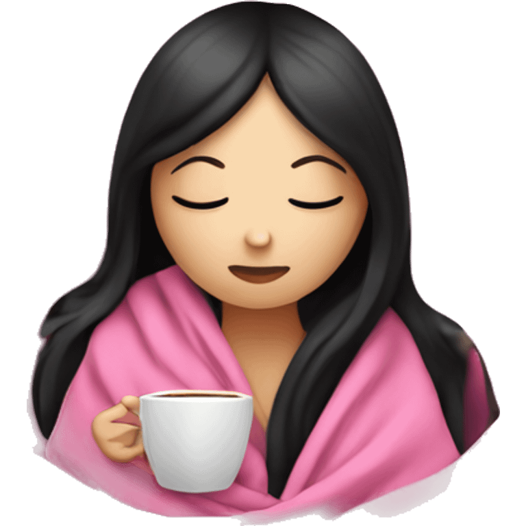 white girl with black straight hair inside a pink blanket sipping coffee eyes closed emoji