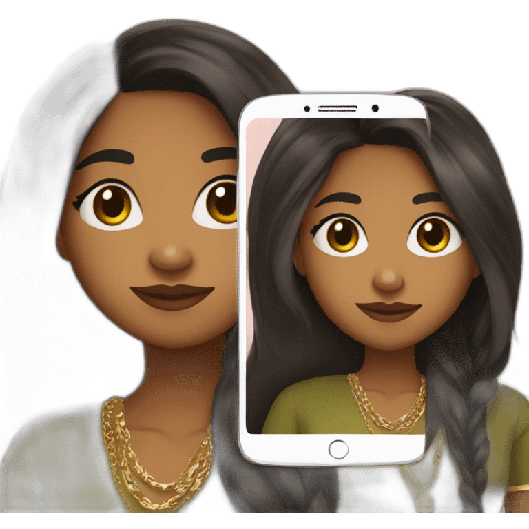 A brown girl in her teens taking a mirror selfie and holding her phone looking into the camera in an olive green kurta and wearing a gold chain and long black straight hair with hair open  emoji