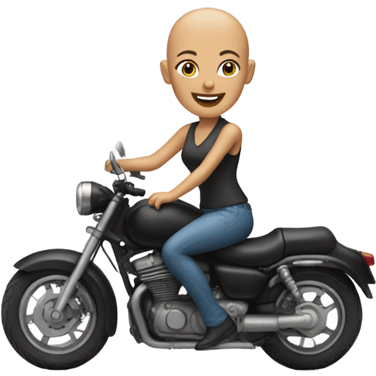 smiling bald woman on motorcycle outdoors emoji