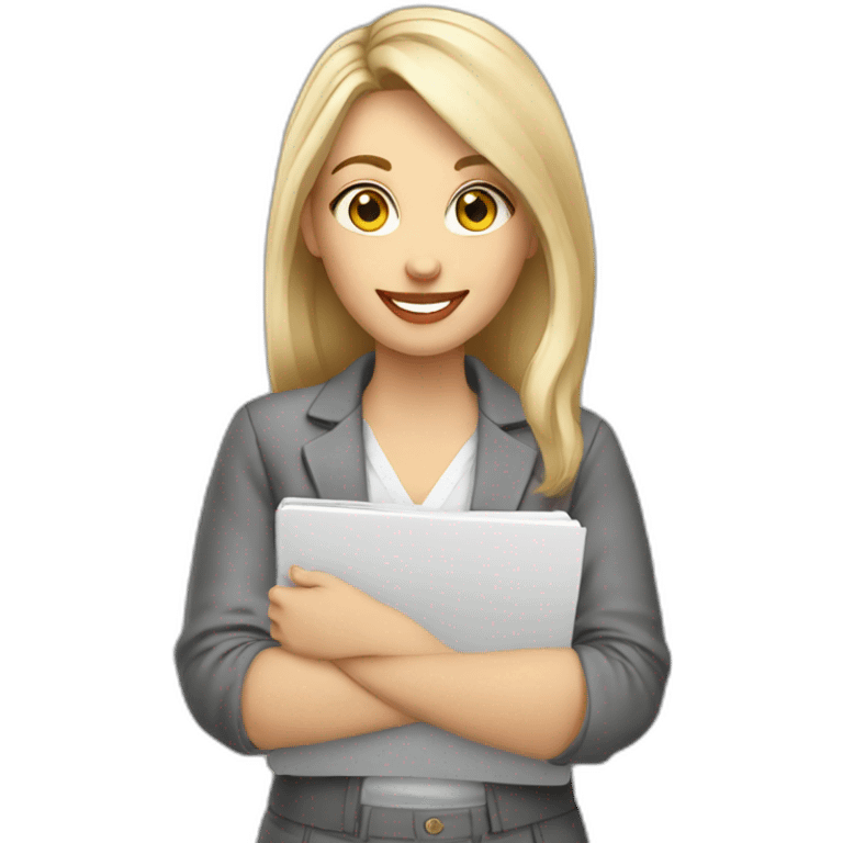 Graphic designer white woman light hair grey eyes smile with notebook emoji