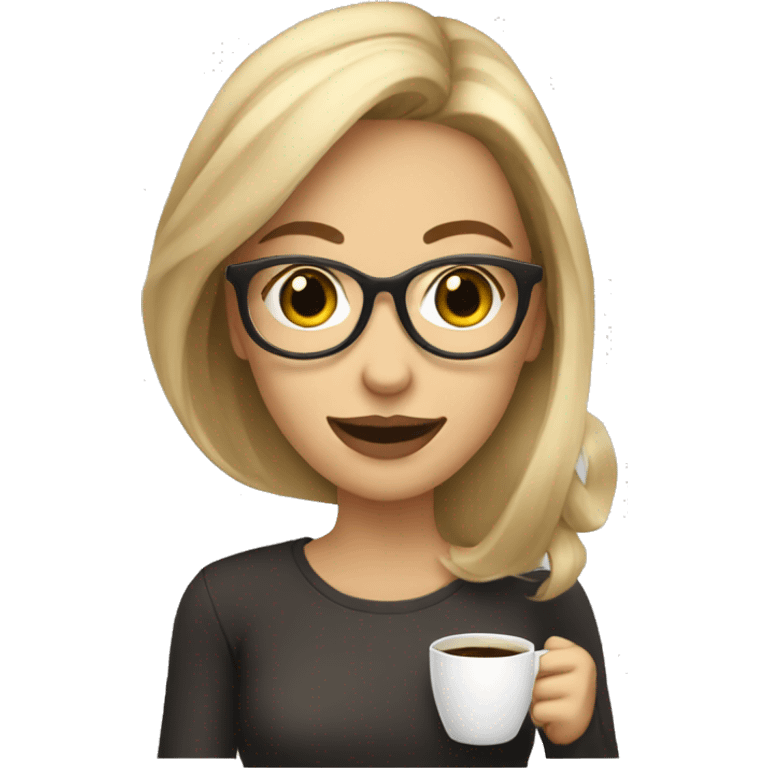 Dark blonde girl in transparent glasses with a smile and coffee in her hand emoji