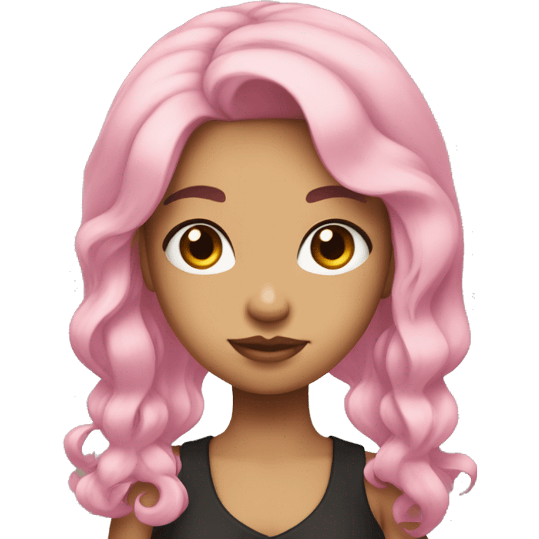 Girl with black hair , mad , her hair is not curly neither straight its ondulated hair , it's short and she has brown eyes and she has a bow that its pink on her hair emoji