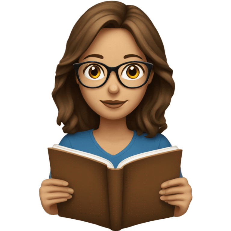 Brown haired woman reading a book with glasses emoji