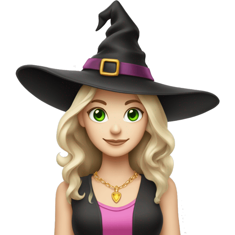 Witchy light brunette haired green eyed white girl with a witty smile a gold necklace and a black witch hat with a pink bow emoji