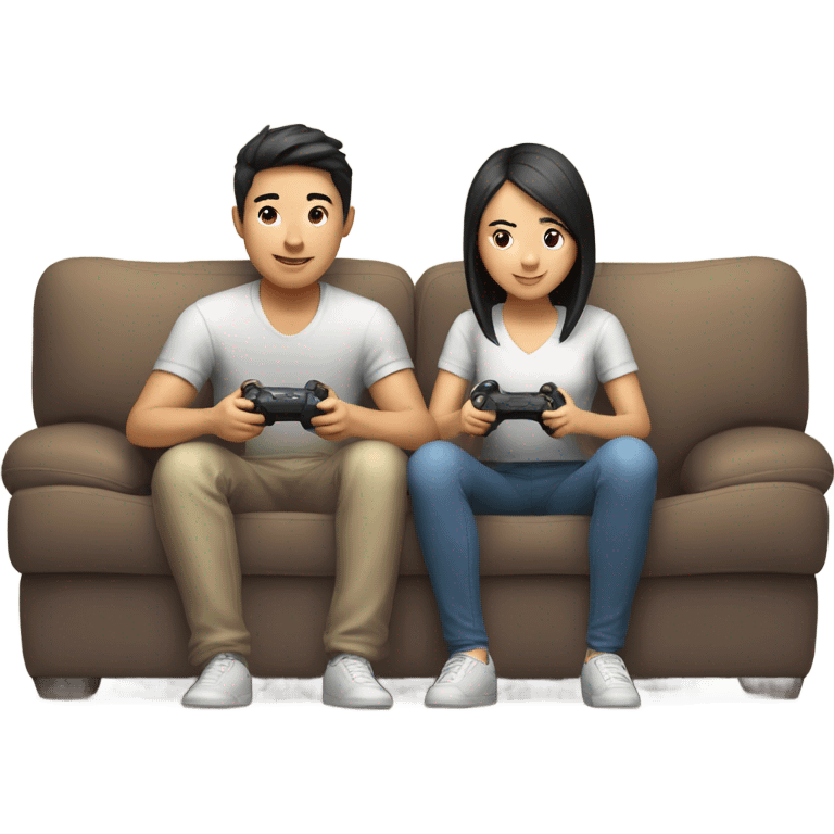 Cute Asian Couple sitting together and having fun playing video games emoji