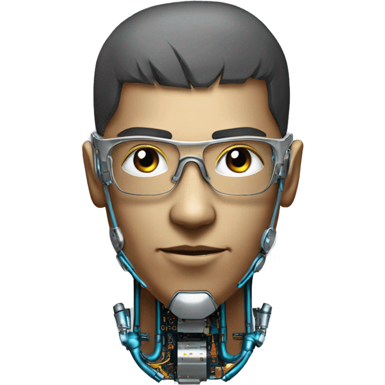 Male cyborg head with metallic skin, flat top, rectangular glasses and circuits emoji