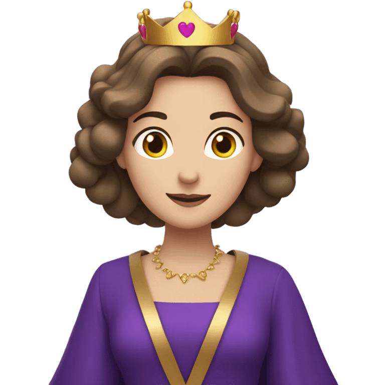 Caucasian long  brunette woman wearing formal royal purple robes and a crown with five hearts floating in the air around her head emoji