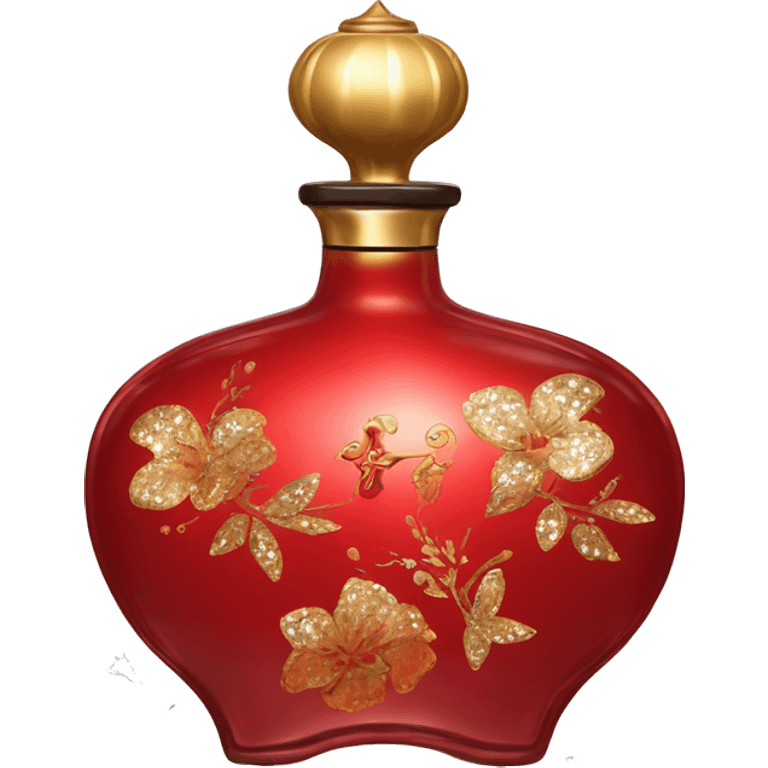 An antique perfume red bottle in oriental style, oil perfumes inside, sequins and flowers flying around emoji