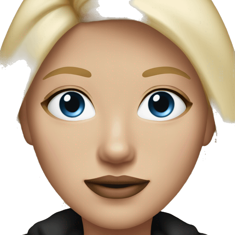 a woman with freckles, blue eyes, light skin, blonde hair and dark roots, pink lips. black clothes. emoji