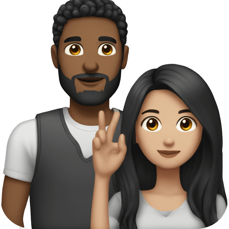 Brunette girl with long black hair together with his boyfriend who has short black hair, brown eyes and beard  emoji