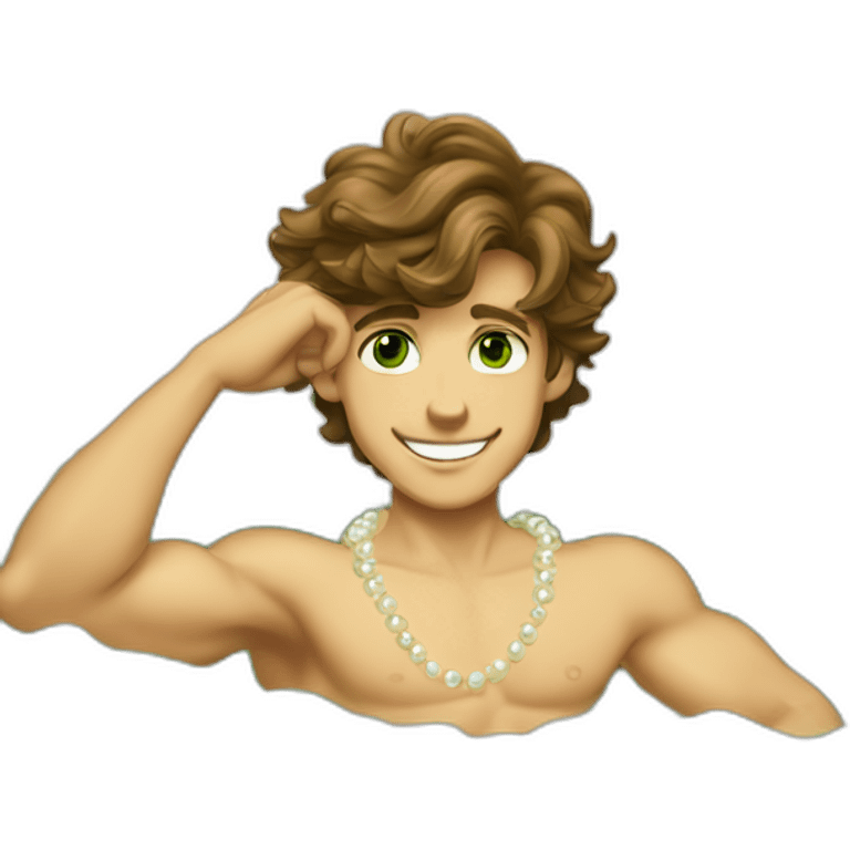 Posh-muscle-boy-brown-hair-green-eyes-pearl-necklace-in-golden-bathtub emoji